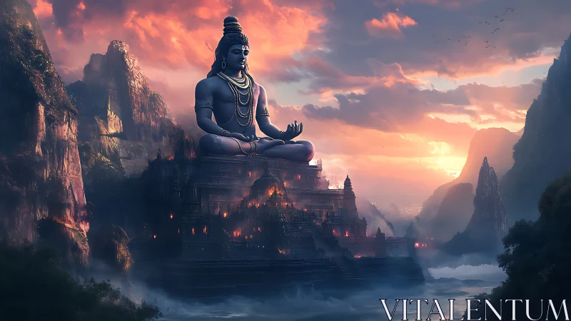 Colossal meditative deity statue above temple complex at dusk.