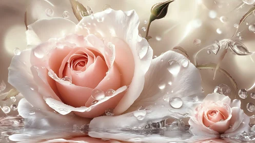 Ethereal Pink Rose Surrounded by Water Droplets and Blurred Blooms
