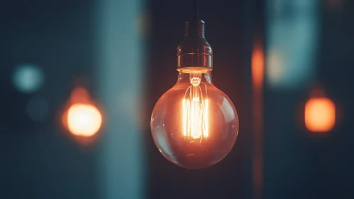 Glowing Edison bulb casts warm light in a dark room.