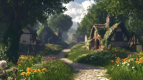 Sunlit cottage lane winds through lush, flowered village