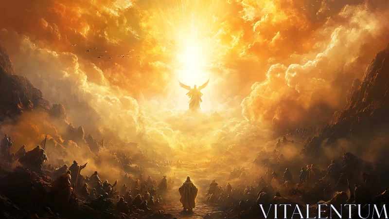 Radiant angel descends through blazing apocalyptic sky.