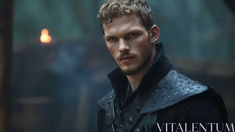 Storm-eyed rogue captain under rain-slick leather armor.