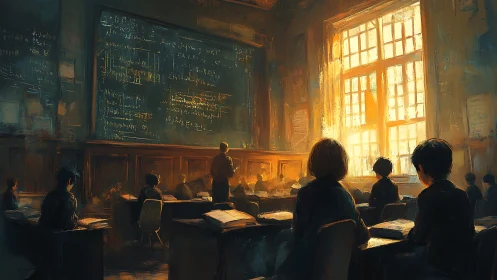 Classroom interior with students, teacher and large window.