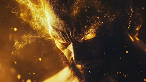 Fiery male warrior head engulfed in intense golden flames.