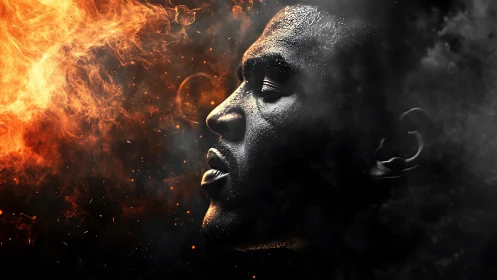 Profile portrait of man rendered in fire and smoke contrast