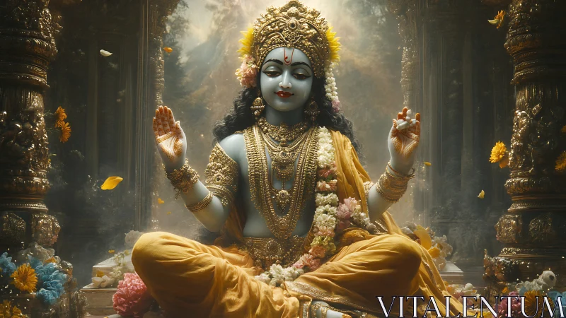 Serene blue deity breathes light through gilded stillness