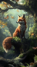 Digital painting of fox on mossed root with luminous forest bokeh.