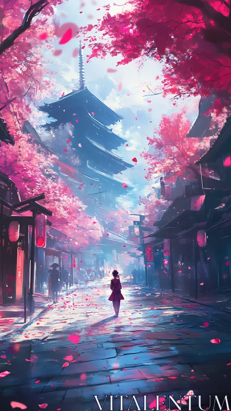 Soft stroll through cherry blossom streets at temple dusk.