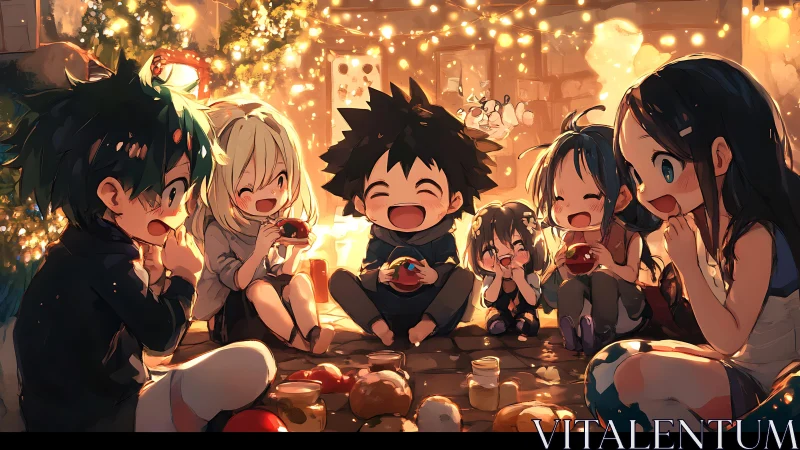 Group of kids sharing food under warm holiday lights.