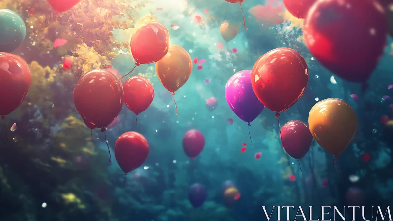 Colorful helium balloons drifting through sunlit forest.
