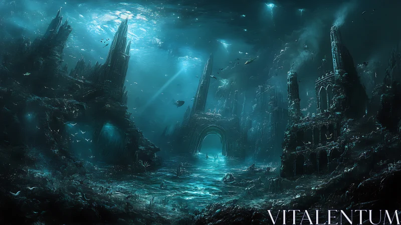 Submerged gothic megastructure rendered in cyanotic abyssal light