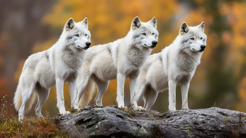 White wolf trio surveys rocky ridge in autumn forest