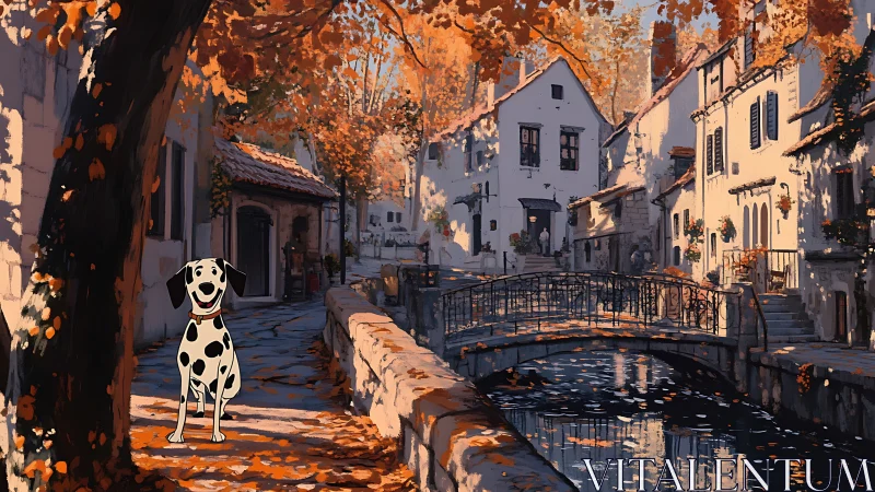 Cel-shaded dalmatian contrasts painterly autumn canal village scene