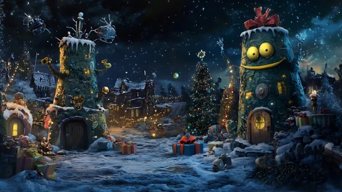Snowy fantasy village shows decorated towers and gifts