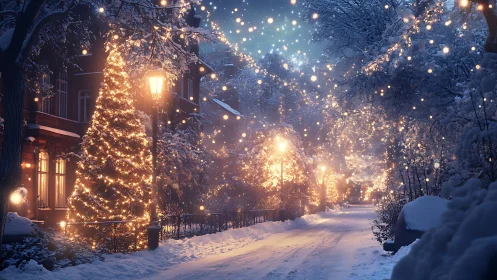 Cozy winter street glowing with soft holiday twinkle lights.