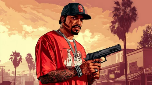 Stylized urban gunman rendered in high-contrast vector shading