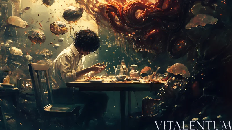 Solitary diner facing amorphous nightmare in dim room.