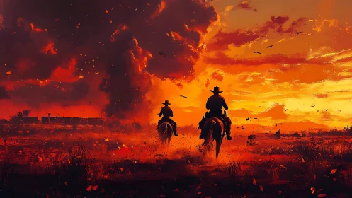 Silhouetted cowboys on horseback in blazing cinematic sunset sky
