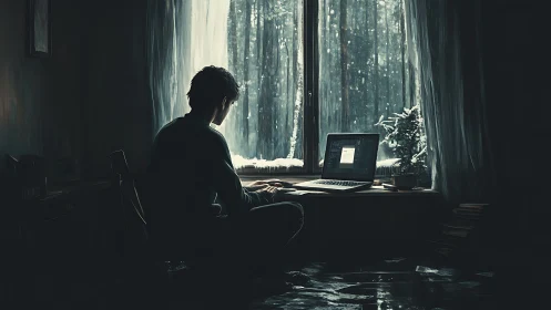 Backlit winter coder framed by window light and deep shadows