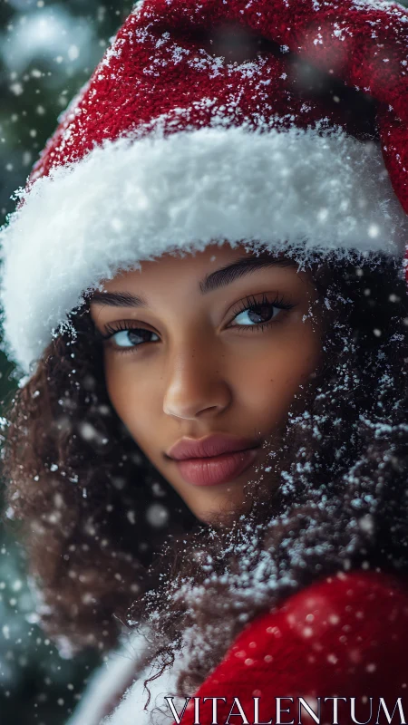 Snow-soft gaze beneath a cozy red Christmas Santa hat.