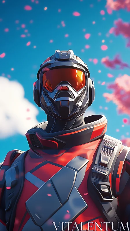 Spring sky sentinel in sleek red sci-fi armor suit.