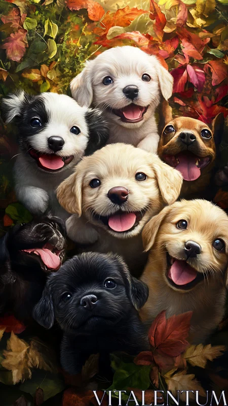 Photorealistic puppy portrait cluster in autumn foliage focus.