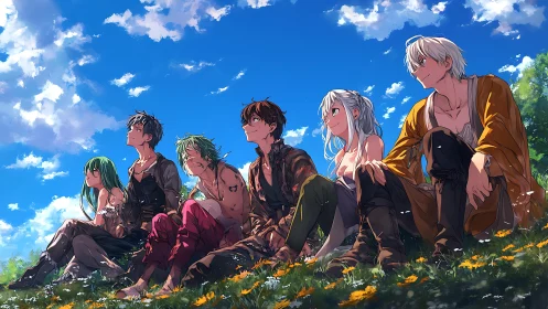 Six anime friends rest in a sunlit meadow beneath clear skies
