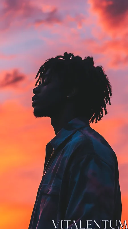 Silhouetted figure contemplates under vivid sunset sky.