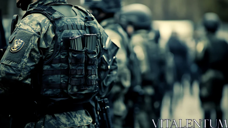 Tactical unit in digital camouflage with modular chest rig.