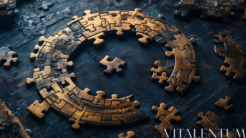 Circular brass puzzle ring with missing central segment pieces