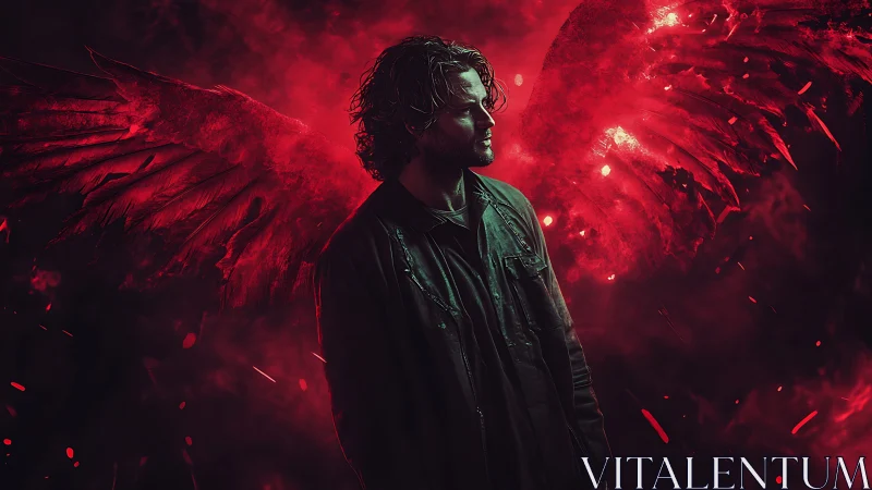 Male figure with red spectral wings in dark environment.