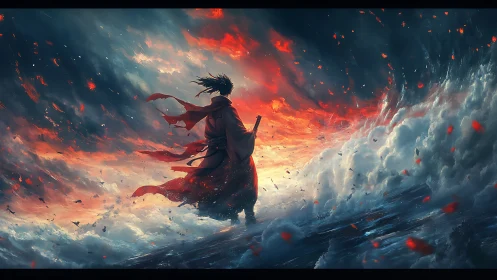 Samurai silhouette confronting storm-lit inferno seascape.