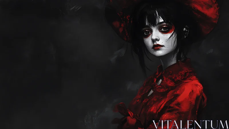 Woman in red dress stands against dark textured background