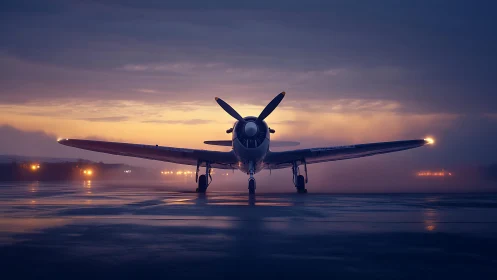 Vintage airplane resting on a misty runway at sunrise.