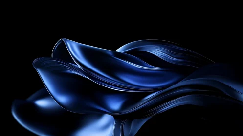 Abstract flowing metallic blue shapes on black background, digital art.