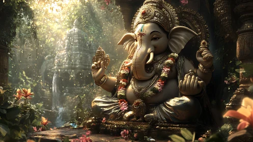 Lord Ganesha idol glows in lush temple garden light.