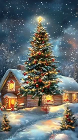Snow-covered cabin with illuminated outdoor Christmas tree.