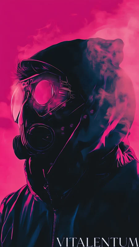 Neon gasmask drifter in electric magenta vapor storm.