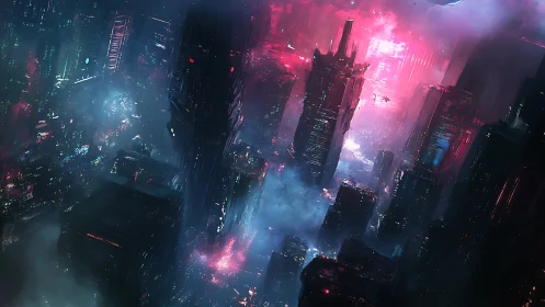 Neon skyscrapers burn through mist in a brooding cyber city