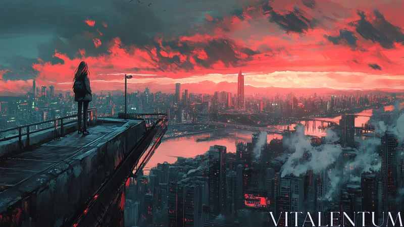 Solitary figure overlooking neon dusk cityscape skyline.