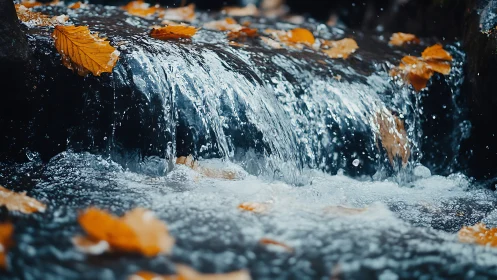 Shallow stream cascade with autumn leaves in sharp motion detail