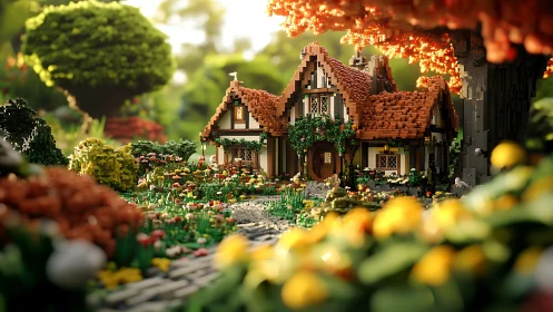 Lego cottage nestles in lush sunlit autumn garden scene.
