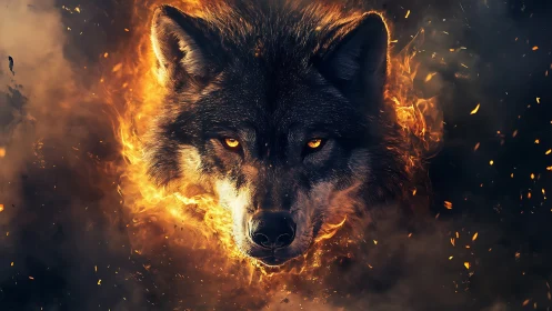 Digital painting of fiery wolf portrait with dramatic chiaroscuro.