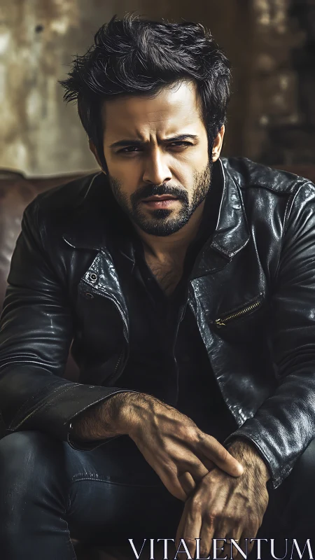 Brooding leather rebel in moody cinematic close-up portrait.