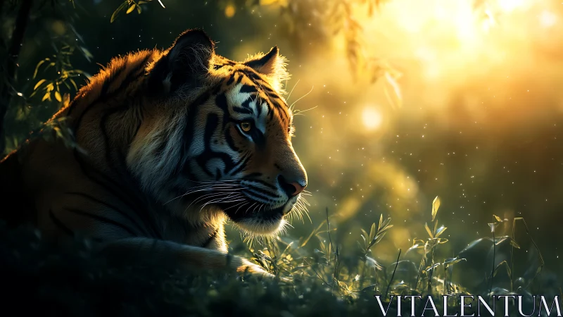 Tiger rests in side-lit forest clearing during golden hour