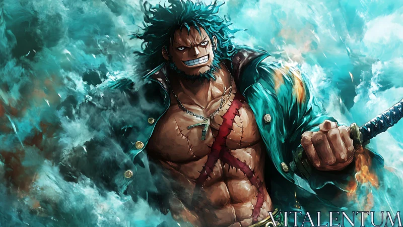 Storm-carved swordsman laughs into a whirlwind of teal fire