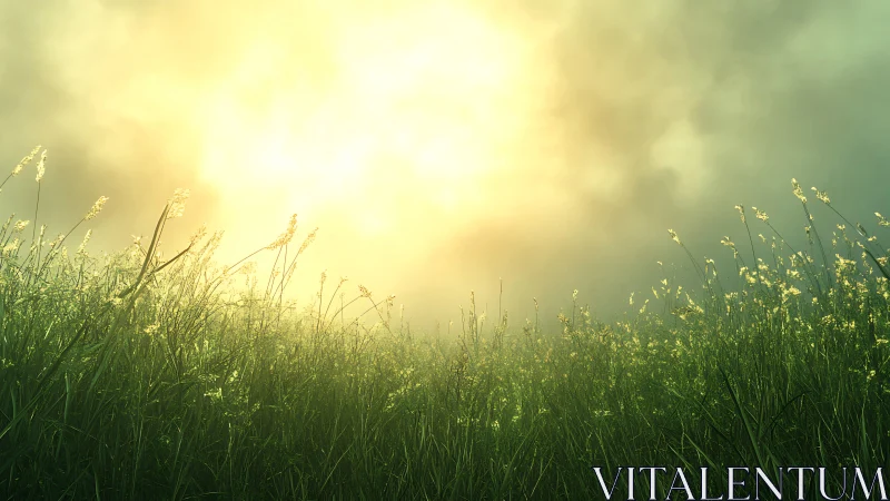 Backlit meadow grasses under diffuse golden morning atmosphere.