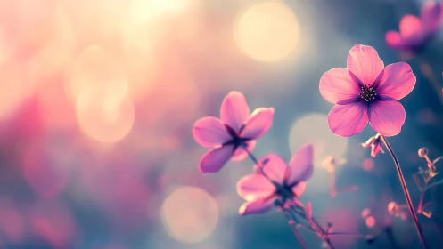 Pink flowers in selective focus against blurred pastel light