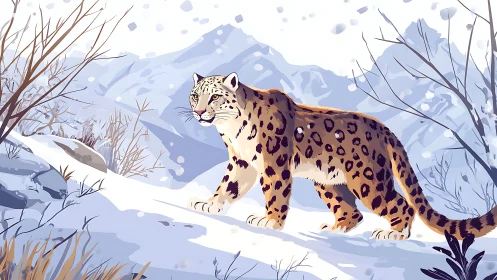 Snow leopard side profile in stylized alpine winter landscape