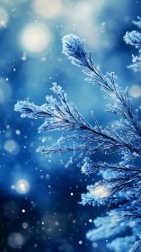 Frosted evergreen branches shimmer in soft winter bokeh.